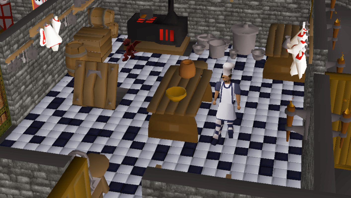 Der Koch in der steinernen Küche von Lumbridge Castle in Old School RuneScape.